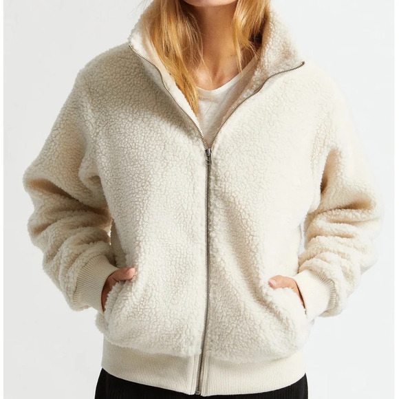 Brixton Utopia Sherpa Bomber Jacket Jersey Lined Size Large Dove Beige Zip Closu